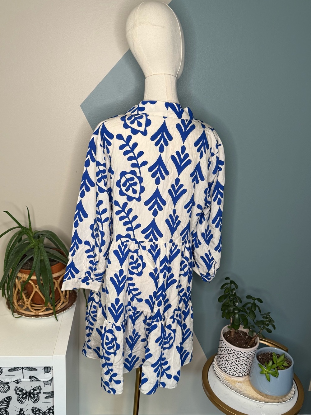 Zara Blue White Mediterranean Print Tiered Babydoll Dress M Coastal Resort - Picture 4 of 10
